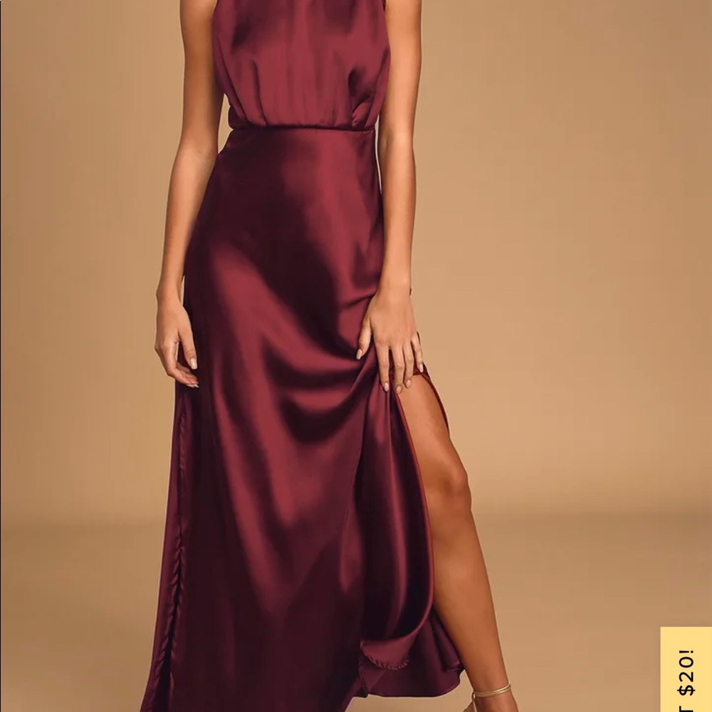 Lulus Classic Elegance Wine Satin Sleeveless Mock Neck Maxi Dress